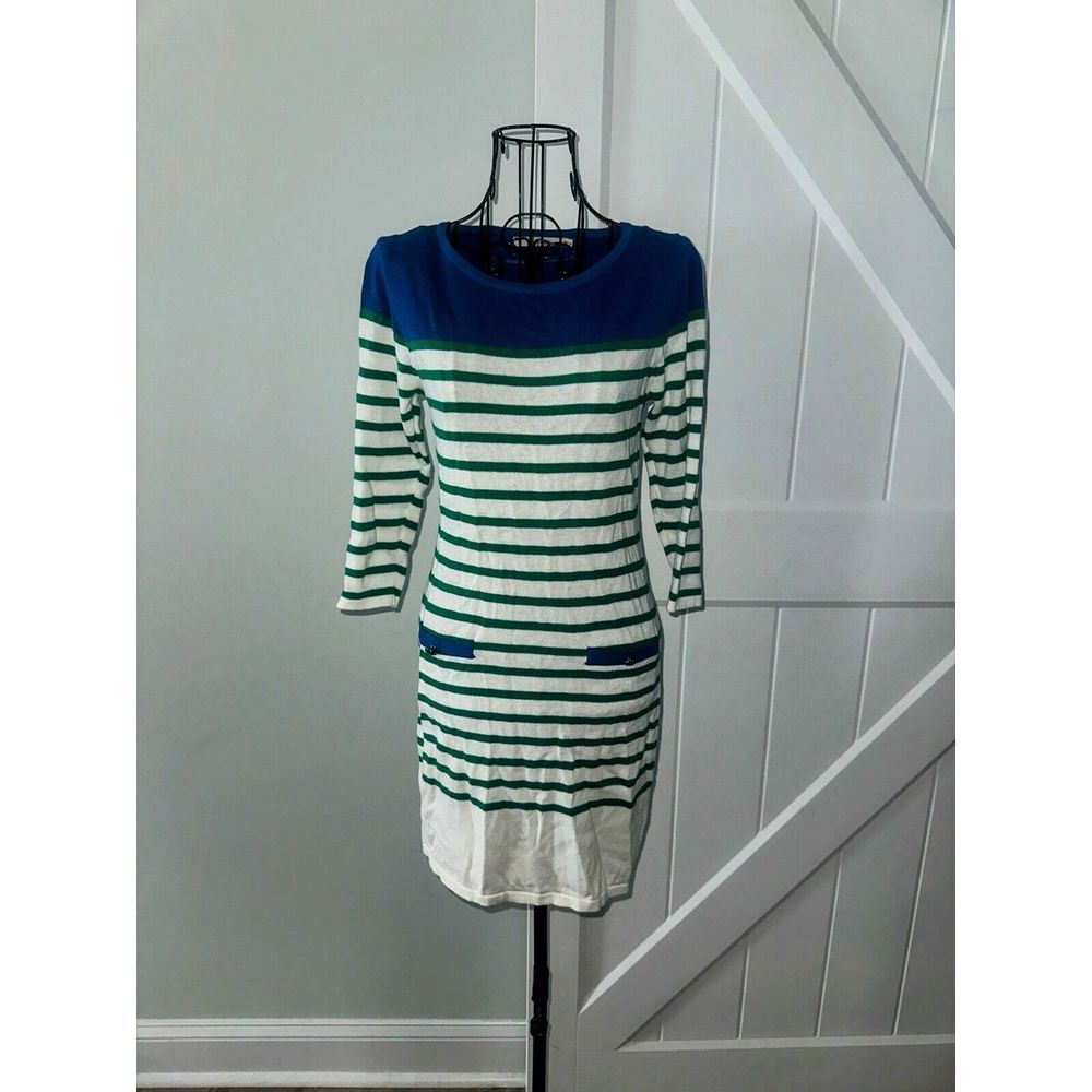 Ellison striped‎ scoopneck sweater dress medium Academia Preppy Gold accents